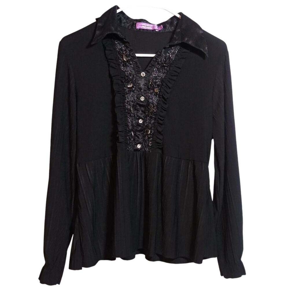 Qianqian Girls Elegant Black Goth Witchy Women's Long Sleeve Beaded Top Size M
